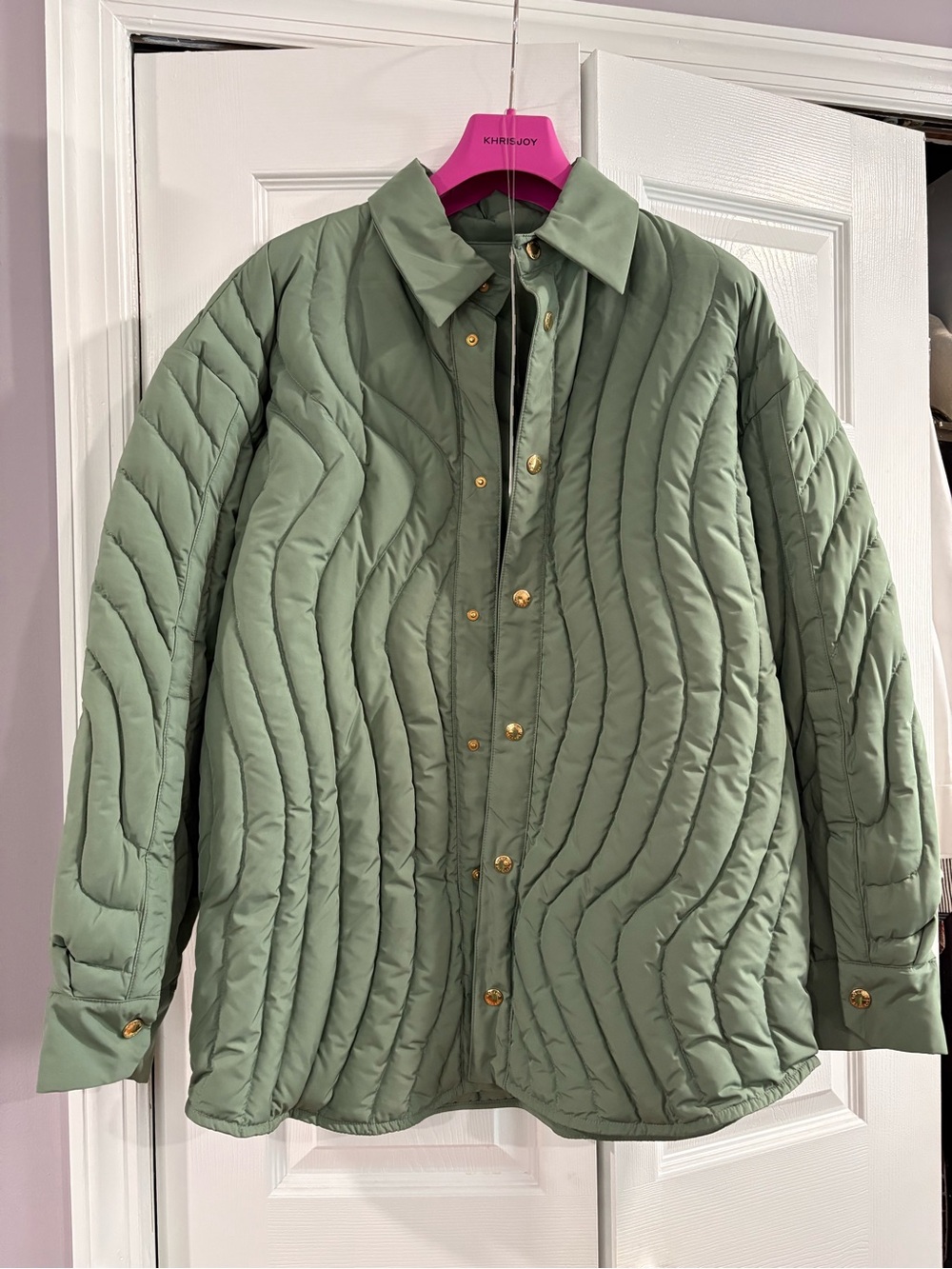Women's Olive Green Quilted Jacket with Wave Stitching